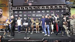 Security took ZERO CHANCES letting Muhammad Mokaev and Manel Kape get close at #UFC304 ceremonial weigh-ins 😳😳 | MMA Junkie