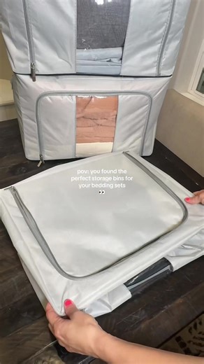 These foldable, stackable linen storage bins are perfect for organizing and storing your extra blankets, pillows, clothes, toys, and everything in between! ✨ 10/10👏 @Zen Storage #storagebox #organizedhome #storagehacks #organize #totes
