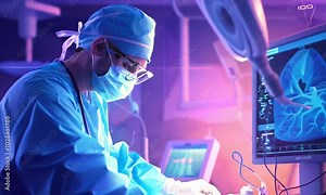 Surgeon in Operating Room Analyzing Medical Imaging on Computer Screen During Surgery with Advanced Technology