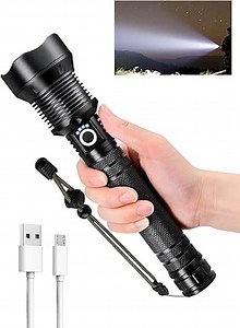 LED Rechargeable Flashlight, 90000 high Lumen Flashlight XHP70.2 LED Flashlight, Handheld Flashlight with Telescopic Zoom Function for Camping, Emergency