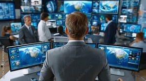 Global Data Center Monitoring: A focused executive oversees a command center buzzing with real-time global data.