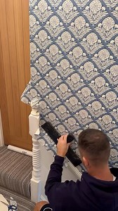 Cutting wallpaper around the newel post isnt easy but here is how its done 👨🏻‍🎨 the wallpaper is from I Love Wallpaper #decor #paint #insta #reels #interiordecor #diydecor #painter #iovewallpaper | DB Decorators