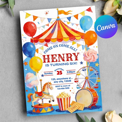 Carnival Birthday Invitation, Editable Circus Party Theme Birthday Card, Canva Template, Kids Fair Theme, Colorful Kids Invite, Circus Bday - Etsy