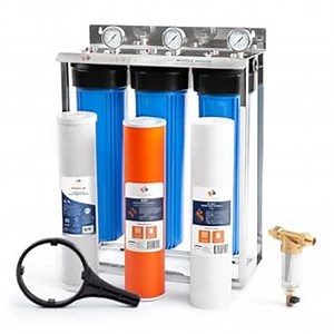 Aquaboon 3-Stage Whole House Water Filter System with 5 Micron 20x4.5 Reducing Sediment and KDF Heavy Metals Water Filter Purification Cartrige, Pressure Gauges, Wrench, Bracket