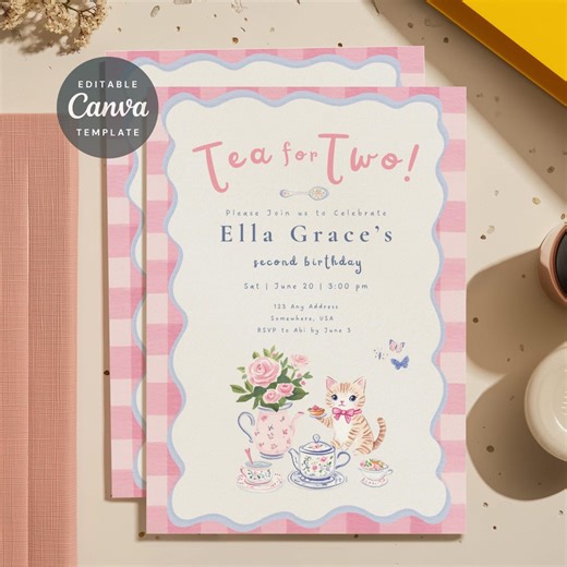 Tea for Two Birthday Invitation | Kitten Floral Tea Party Invite (digital Download) - Etsy