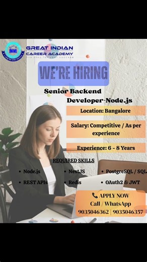 Great Indian Career Academy | We Exciting news! We're on the hunt for a Senior Backend Developer in Bangalore with 6-8 years of experience. 💻 If you're skilled in... | Instagram