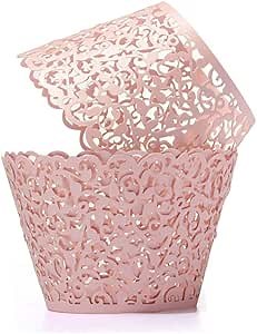 100pcs Cupcake Wrappers Artistic Bake Cake Paper Cups Little Vine Lace Laser Cut Liner Baking Cup Muffin Case Trays for Wedding Party Birthday Decoration (Pink)
