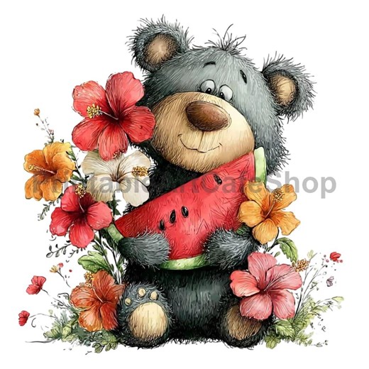 Summer Teddy Bear Clipart, Watercolor Tropical Graphics (3600px PNG)