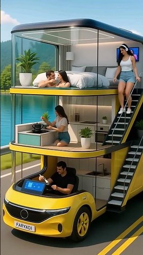 A Highly Realistic Cinematic Video Of A Futuristic Three-level Yellow RV