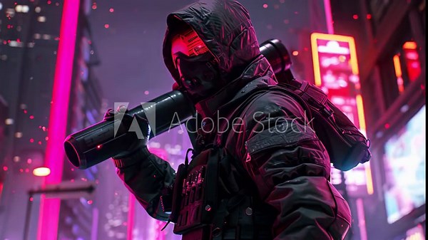 Futuristic soldier equipped with tactical gear and a bazooka, patrolling the neon-lit streets of a cyberpunk cityscape