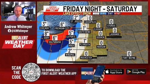 Heads up for those driving to Chicago this weekend from Michiana! An intense lake-effect snow band will move through Northwest Indiana from Friday evening through Saturday afternoon. La Porte, New Buffalo, Michigan City, Valparaiso, Chesterton, Portage, & Gary areas need to be on alert for several inches of lake effect snow. Some community in the red area below will pick up a foot of lake effect snow. A 2 or 3 hour window Friday night (after midnight Friday), this lake effect snow band may move 