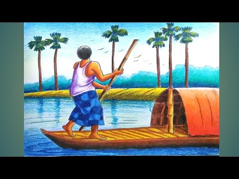 How to draw a scenery of working man/river scenery drawing with boat
