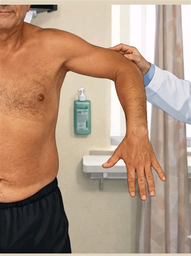 The lateral jobe test evaluates for rotator cuff injuries. The patient’s shoulder is abducted to 90° in the coronal plane, elbows flexed to 90°, and shoulders internally rotated so the fingers point inferiorly. The examiner applies an inferiorly directed force at the distal arm or elbow while the patient resists. A positive result is indicated by pain, weakness or inability to maintain the position. Sensitivity is 81%, specificity is 89%. Read: https://wikism.org/Lateral_Jobe_Test Watch: https:/