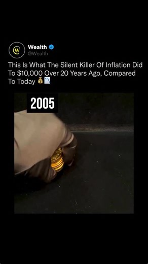 Wealth on Instagram: "Inflation doesn’t announce itself. It quietly erases your money while you’re still calling it savings. 👀 🪙 In 2005, $10,000 bought 21 ounces of gold, a real, finite store of value that has survived thousands of years of monetary systems. Fast forward to today, and that same $10,000 buys roughly 2.5 ounces. Not because gold changed, but because the purchasing power of the dollar collapsed under sustained inflation and money printing. Gold didn’t lose value. The currency us