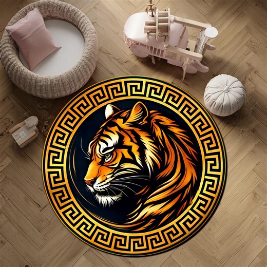 Round Tiger Area Rug Greek Key Border Black Gold Floor Mat - Etsy