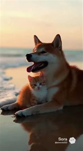 柴犬がビーチで子猫と遊ぶ！