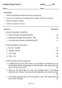 Mathematics Grade 6 Exam Paper Term 2024