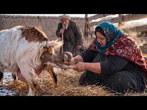 Life In Rural Afghanistan A Couple Helping a Mother Goat Through a Difficult Birth in Freezing Cold