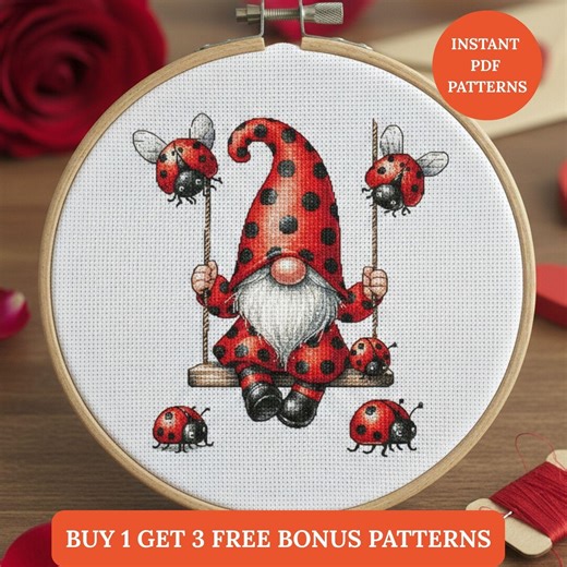 Ladybug Gnome Cross Stitch Pattern | Whimsical Garden Embroidery Design | Digital Download Needlepoint Chart Punto De Cruz,point De Croix - Etsy