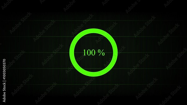 Science Futuristic Loading Circle. Loading Transfer Download Animation 0-100%. Grow green loading futuristic circle bar animation on black screen.
