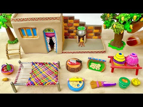 DIY How to Make polymer clay miniature house, kitchen set, Charpai, Tree | Clay miniature village