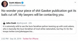 Scott Adams, of "Dilbert" fame, threatens legal action over tweet mocking him