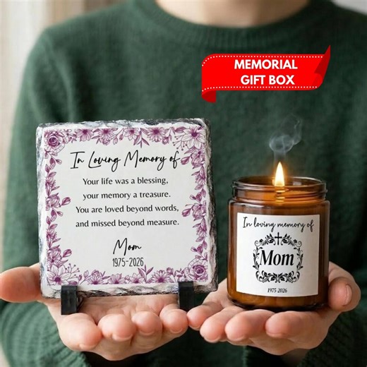 Sympathy Gift Box for Loss of Mother, Mom Memorial Stone Condolence Gift,Custom Photo Plaque and Candle,In loving Memory,Loss of a Loved One