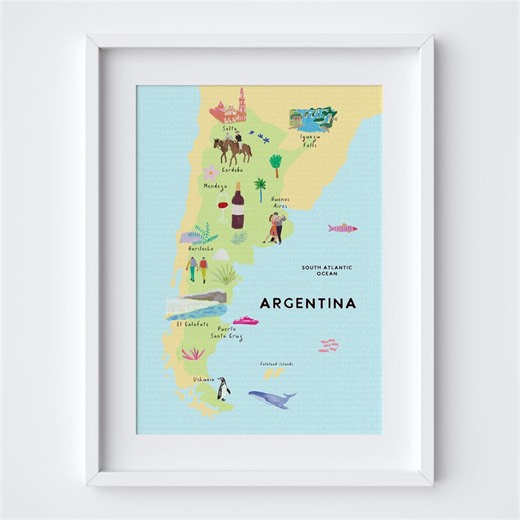 Argentina Map Art Print – Illustrated South America Country Poster – Argentina Wall Art – Travel Gift