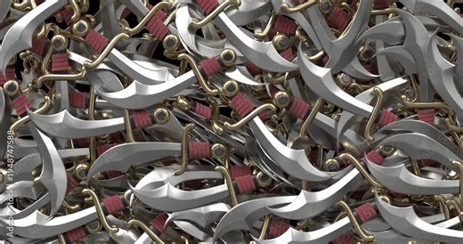 3D curved sword transition animation with multiple detailed blades sweeping across the screen. Ideal for action scenes, fantasy visuals, game content, and motion graphics projects. 4K UHD with alpha c