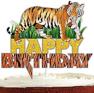Tiger Cake Topper for Boys Girls Safari Cake Decorations Jungle Animal Cake Toppers Wild One Party Supplies Glitter Tiger Happy Birthday Party Decorations