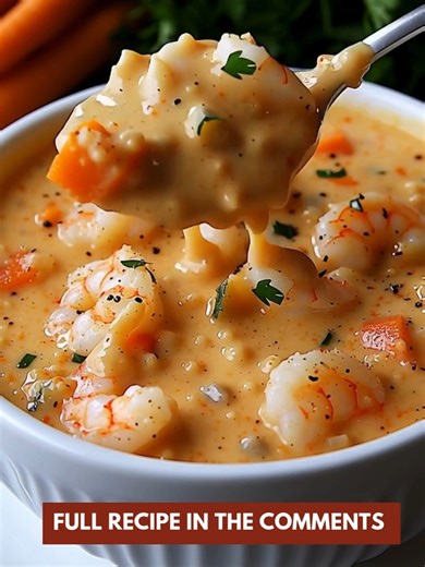 Cozy up with this flavor-packed creamy comfort bowl! 📝 Ingredients: 1 lb shrimp, peeled and deveined 1 cup carrots, peeled and diced 1 small onion, chopped 2 tablespoons butter 2 cloves garlic, minced 2 tablespoons all-purpose flour 3 cups seafood or chicken broth 1 cup half-and-half or heavy cream 1/4 teaspoon paprika Salt & pepper to taste 1 tablespoon chopped parsley (plus more for garnish) 🍽️ How to Make It: 1️⃣ Sauté the Veggies: In a large pot, melt butter over medium heat. Add onions, c