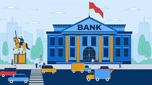 City bank building with people and urban traffic 2D cartoon animation. Busy cityscape with financial district, pedestrians and cars animated flat characters 4K background scene storytelling