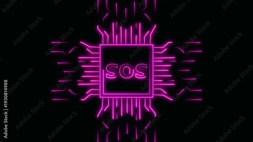 Neon pink SOS sign in a square circuit board pattern on a animated black background glowing, High Performance SOS Translucent Processor Connecting with Socket and Motherboard on black background