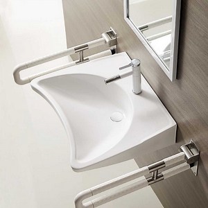 [Hot Item] Ada Compliant Ceramic Handicapped Lavatory Bathroom White Rectangle Wall Mount Wheelchair Barrier-Free Wall-Hung Sink for Disabled