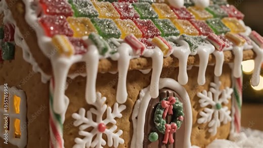 Extremely detailed macro shot traversing the snowy icing details and hard candy roof shingles of a miniature holiday gingerbread house structure shot, roof, snowy