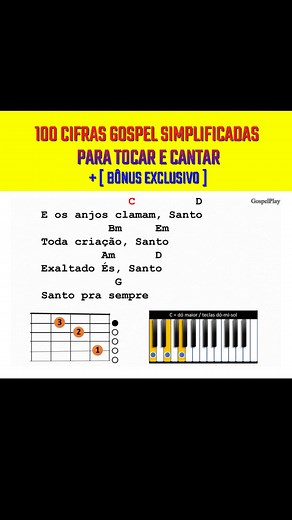 🎸🎹 Quer tocar teclado ou violão na igreja, com os amigos ou para a sua família? Com o 100 Cifras Gospel Simplificadas você terá acesso a 100 músicas com acordes fáceis, sem pestanas e com ritmo guiado. 📘 Inclui diagramas práticos para violão e teclado. 🔥 Ideal para quem está começando ou deseja ampliar o repertório. 📲 Baixe agora e comece a tocar seus louvores preferidos ainda hoje. 🔽 Clique abaixo e saiba mais 🔽 | GospelPlay - Cifras Simplificadas