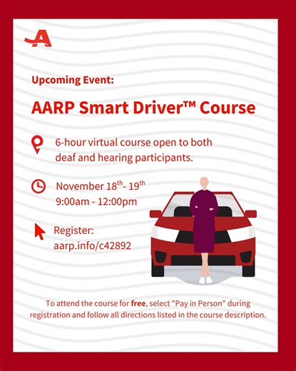 🚗 Stay Safe. Drive Smart. Join us for the AARP Smart Driver™ Course — a 6-hour virtual experience designed to help drivers stay confident and informed behind the wheel. This inclusive course covers updated traffic laws, safe driving techniques, and how aging can affect driving. 📅 Nov 18–19 9:00am–12:00pm 💻 Open to all participants 💸 Want to attend for free? Select "Pay in Person" during registration and follow the instructions in the course description. 🔗 Register here: www.aarp.org/auto/dr