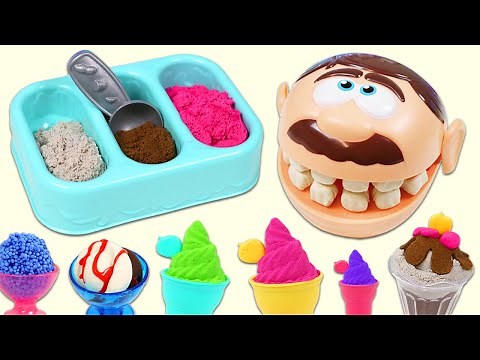 Pretend Feeding Mr. Play Doh Head Kinetic Sand Ice Cream!