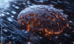 A computer chip with a brain on it. The brain is orange and yellow. The chip is black and white