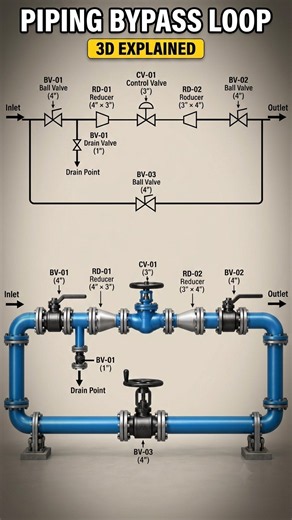 🔧 Piping Bypass Loop: 2D P&ID to 3D Piping Explained | Ball Valve, Reducer & Control Valve! 🔥#Shorts