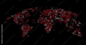 Digital world dotted world map over dark background. Globe world map seamless loop animation. Digital big data or cloud computing concept. Global social network or internet and technology.