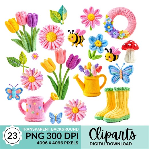 Spring Knitted Clipart Bundle | 23 PNG Yarn Flowers, Bees, Tulips, Watering Can, Boots | Cute Pastel Spring Clip Art | 300 DPI PNG - Etsy