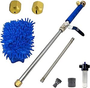 Buyplus High Pressure Power Washer Wand – 27” Extendable Hydro Jet Car Cleaning Wand, 3 Water Hose Nozzles, Flexible Metal Watering Sprayer with Universal Garden Hose End