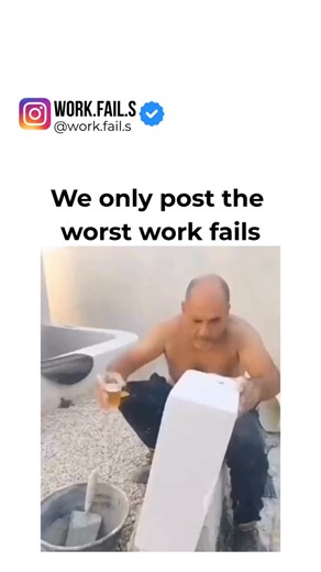 Work Fails on Instagram: "The construction site focus was intense until a sudden attempt at multitasking turned a standard workday into a high-stakes balance disaster. One second the shirtless worker is concentrating on his craft, the next he’s discovering that using a metal trowel to steady a plastic cup of beer offers a unilateral stability challenge. This wasn’t a professional technique—it was a hi #workfail #workfails #funny"