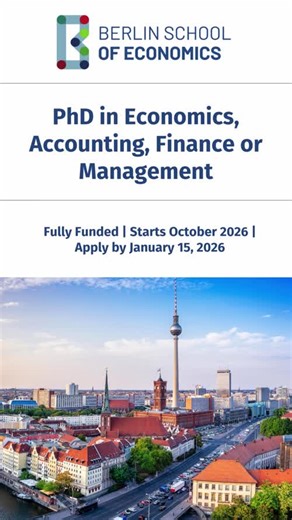 📣 Applications Open: PhD Program at the Berlin School of Economics-->https://inomics.link/bsoeFB2 The Berlin School of Economics is welcoming applications for its PhD Program starting October 2026, offering doctoral tracks in Economics, Accounting, Finance, and Management. The program brings together nine major research institutions in Berlin and Brandenburg, providing a highly networked academic environment combined with applied, policy-oriented research opportunities. Program Highlights:• Sha