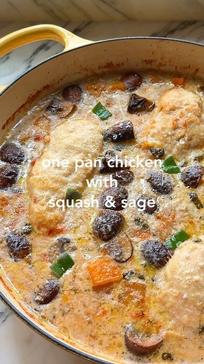 This creamy one-pan chicken with butternut squash and sage is the ultimate fall comfort food dish. 🍁 Ingredients: 4 Omaha Steaks Butcher’s Cut Chicken Breast, thawed (Shop now: https://www.omahasteaks.com/buy/Chicken-and-Pork/Chicken?SRC=RZ0616 ) Salt and pepper Flour, for dusting 3 tablespoons olive oil 3 tablespoons butter 2 cloves of garlic, thinly sliced 3 medium shallots, sliced 6 cremini mushrooms, quartered 1 small butternut squash, peeled and cubed 5 fresh sage leaves, thinly sliced 1 ½