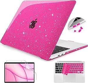 Teryeefi Pink Glitter Case Compatible with MacBook Air 13 inch 2021 2020-2018 Release M1 A2337 A2179 A1932, Sparkly Protective Hard Shell with Keyboard Cover + Screen Protector, Glitter Rose