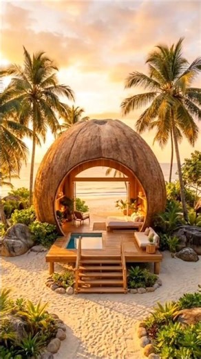 Transforming A Giant Coconut Into A Cozy Tropical Beach Resort.. 🥥🏖️