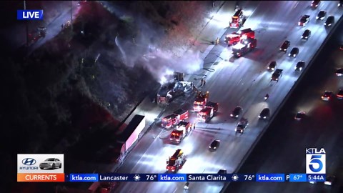 Big rig sparks brush fire in San Fernando Valley, snarls traffic on 5 Freeway