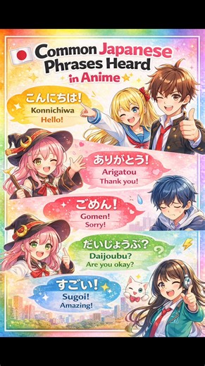 Japanese Phrases You Hear in Anime 🇯🇵 | Learn Japanese Fast (N5 Level) 📝 Description Ever wondered what anime characters are really saying? 🎌 In this video, you’ll learn common Japanese phrases from anime like Konnichiwa, Arigatou, Gomen, Daijoubu, and Sugoi! Welcome to your daily dose of Japanese learning through Anime & real-life phrases 🇯🇵✨ This channel helps you learn Japanese fast with fun, short, and easy lessons! 🔹 What you’ll learn here: ✔ Japanese from Anime 🎌 ✔ Hiragana & Romaj